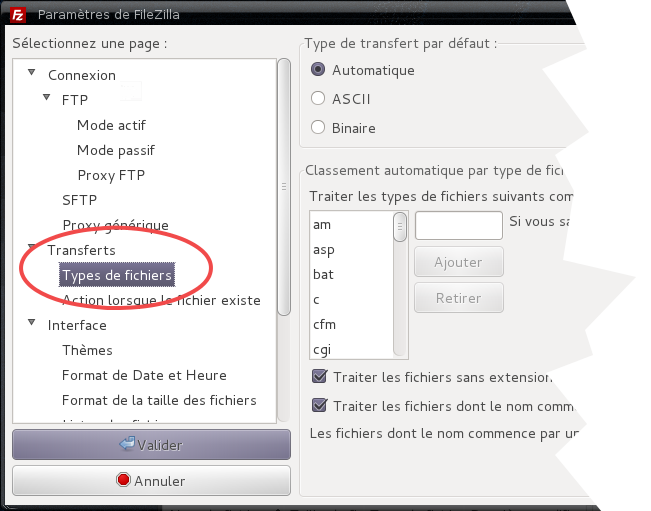 Filezilla : fenêtre de configuration par défaut