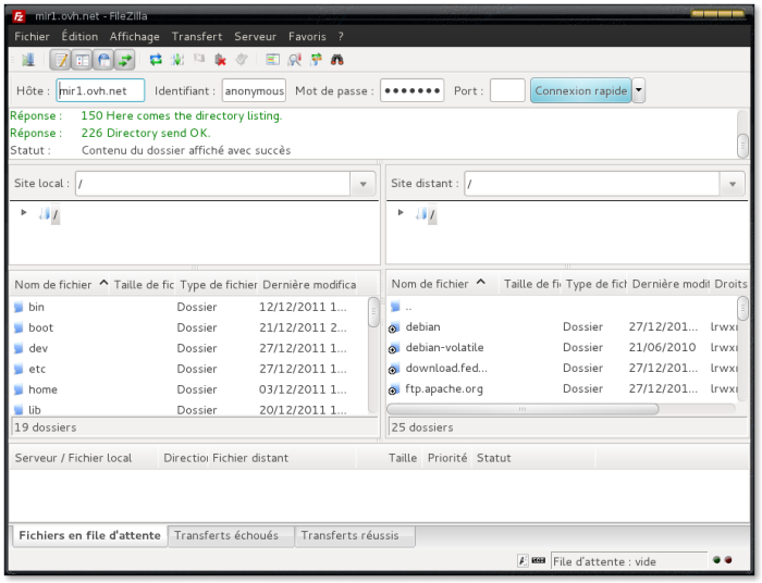 Filezilla, fenêtre principale